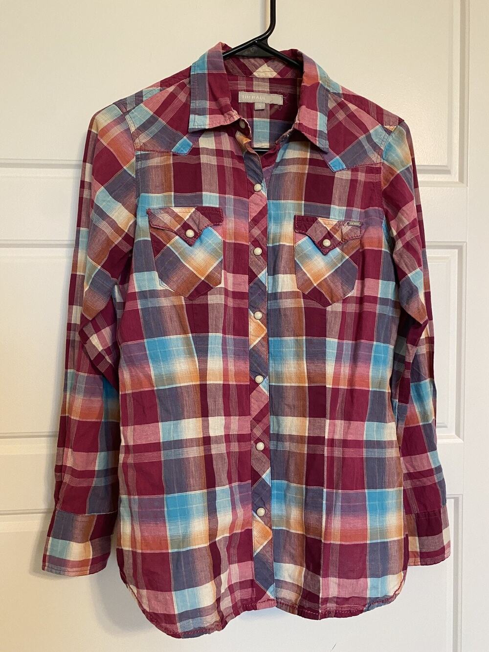 Tin Haul Shirt Womens Pink Western Plaid Pearl Snap Casual Collared Sz Small